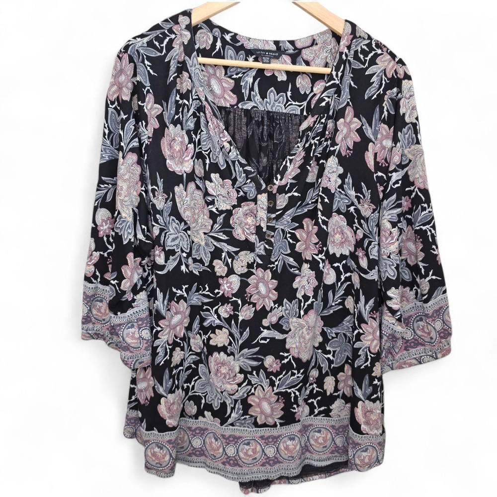 Lucky Brand Top Womens Plus 3X Black Floral Print Boho V Neck 3/4 Sleeve Casual